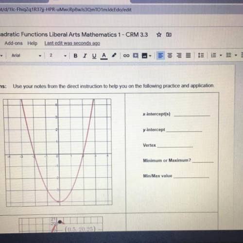 X-intercept(s) y-intercept Vertex Minimum or Maximum? Min/Max value