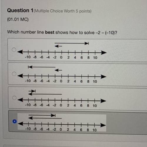 Which number line best shows how to solve - 2 - (- 10) ?