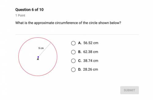 Please help ASAP! What is the approximate circumference of the circle shown below?