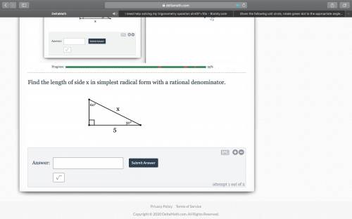 Find the length of side x in simplest radical form with a rational denominator.