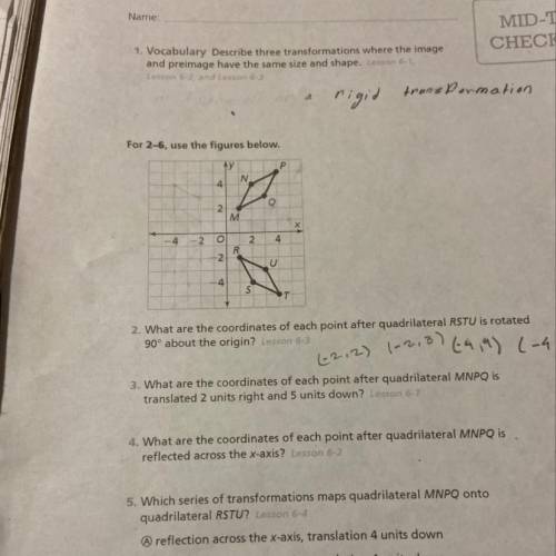 What are the coordinates of each point after quadrilateral MNPQ is translated 2 units right and 5 un
