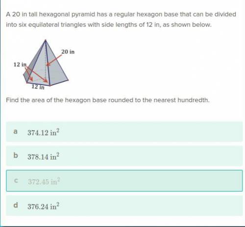 A 20 in tall hexagonal pyramid has a regular hexagon base that can be divide into six equilateral tr