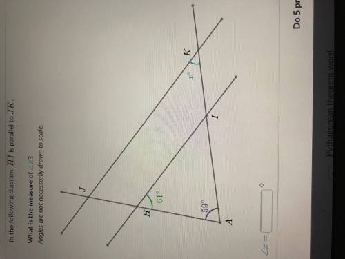 In the following diagram, HI is parallel to JK. What is the measure of x?