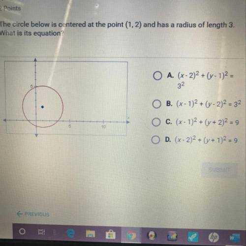 The circle below is centered at the point (1,2) and has a radius of length 3. What is it’s equation?