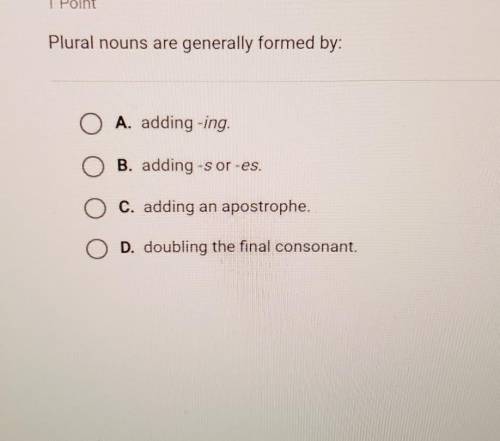 Plural nouns are generally formed by: A. adding -ing. Or B. adding-s or-es. C. adding an apostrophe.