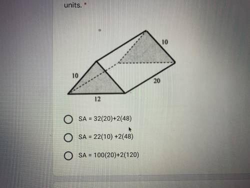 Find the surface area of the prism. A picture of the prism with answer choices is below.