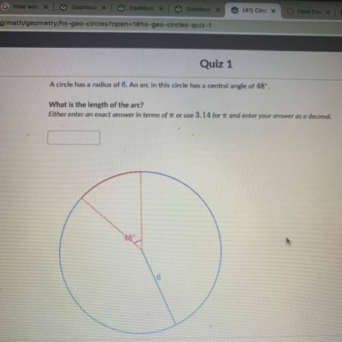 A circle has a radius of 6. An arc in this circle has a central angle of 48º. What is the length of