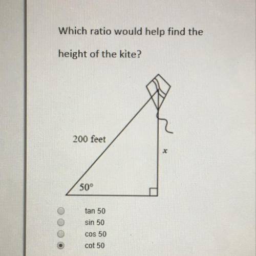 Which ratio would help find the height of the kite? 200 feet 50° tan 50 sin 50 COS 50 cot 50