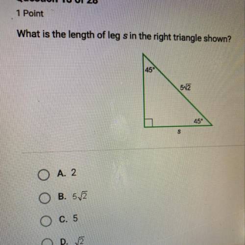 What is the length of leg s in the right triangle shown?