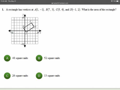 A rectangle has vertices at A(1, -1), B(7, 3), C(5, 6), and D(-1, 2). What is the area of the rectan
