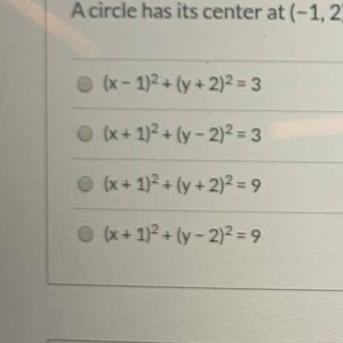 A circle has its center at (-1,2) and a radius of 3 units. What is the equation of the circle?