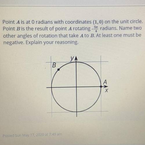 Point A is at O radians with coordinates (1,0) on the unit circle. Point B is the result of point A