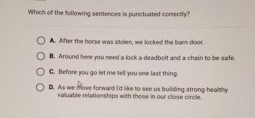 Which of the following sentences is punctuated correctly?A. After the horse was stolen, we locked th