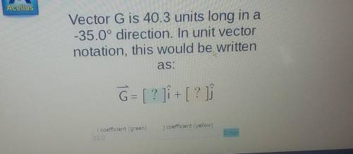 Please help me asap.Vector G is 40.3 units long in a-35.0° direction. In unit vectornotation, this w