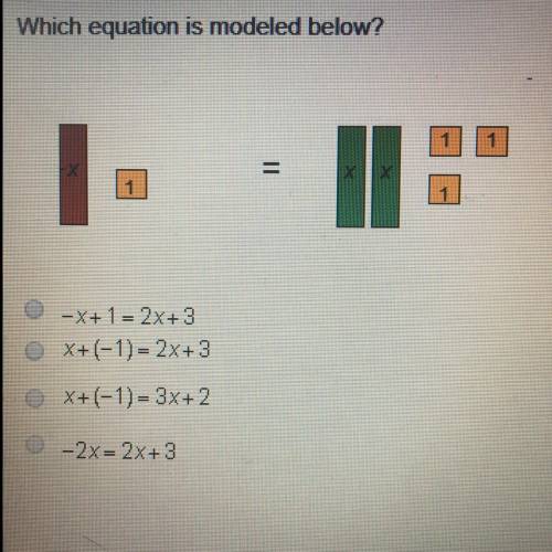 Which equation is modeled below? a. -X+ 1 = 2x+3 b. X+(-1)=2x+3 c. X+(-1)= 3x+2 d. -2x = 2x+3