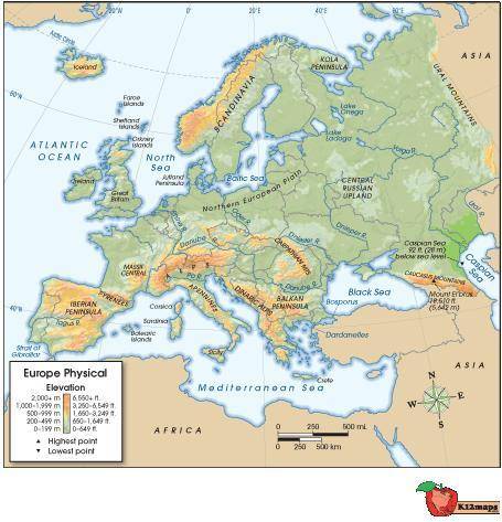 Use the map below showing the physical characteristics of Europe to answer the following question: T