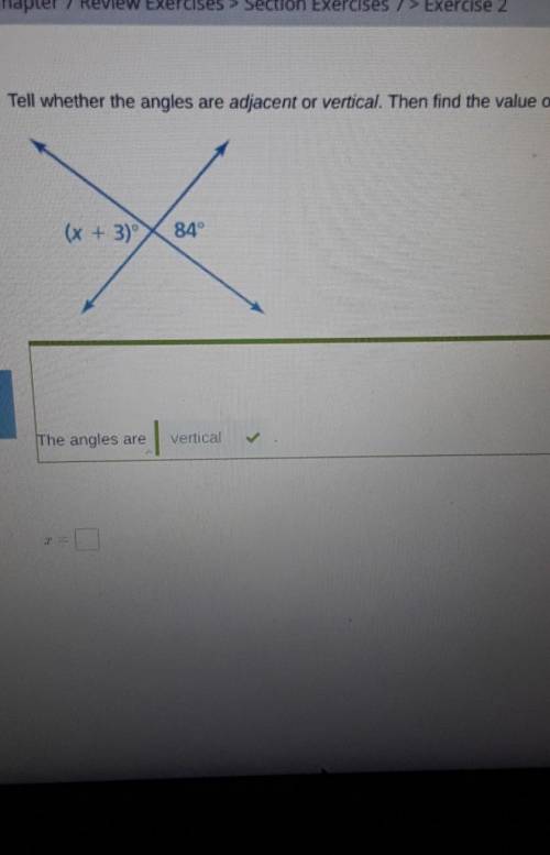 Tell whether these angles are adjecent or vertical then find the value of x