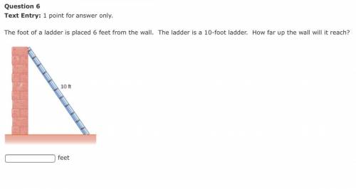 The foot of a ladder is placed 6 feet from the wall. The ladder is a 10-foot ladder. How far up the