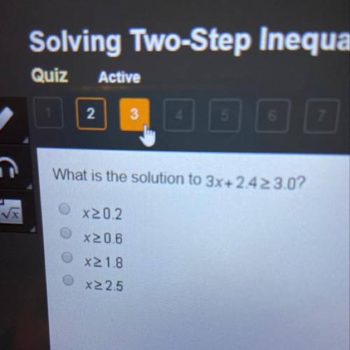 What is the solution to 3x+2.4 3.0