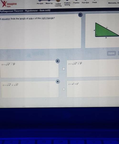 Which equation finds the length of side c of this right triangle?
