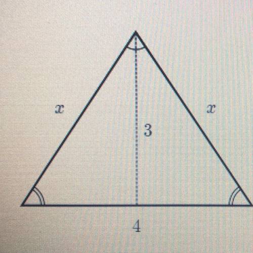 *15 points easy question* Find the value of x in the isosceles triangle shown below. X=square root