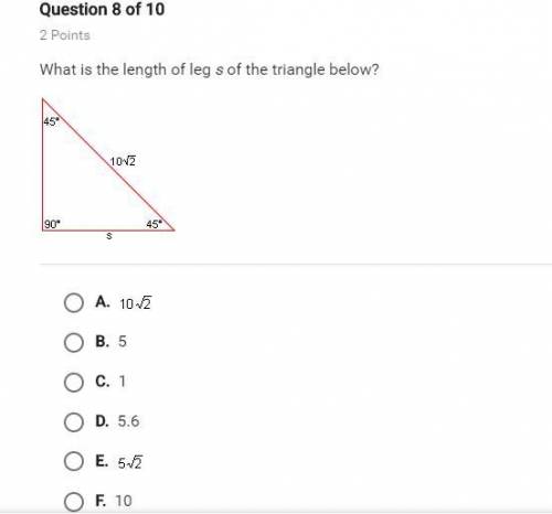What is the length of leg s of the triangle below?