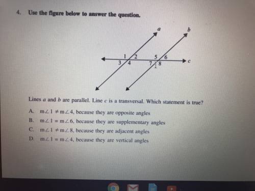Lines a and b are parallel. Line c is transversal. Which statement is true? Help