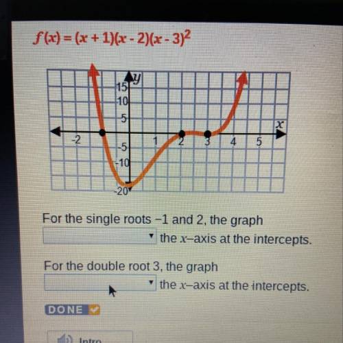 F(x)=(x+1)(x-2)(x-3)^2  for a single root -1 and 2 the graph _ the x axis at the intercepts Crosses
