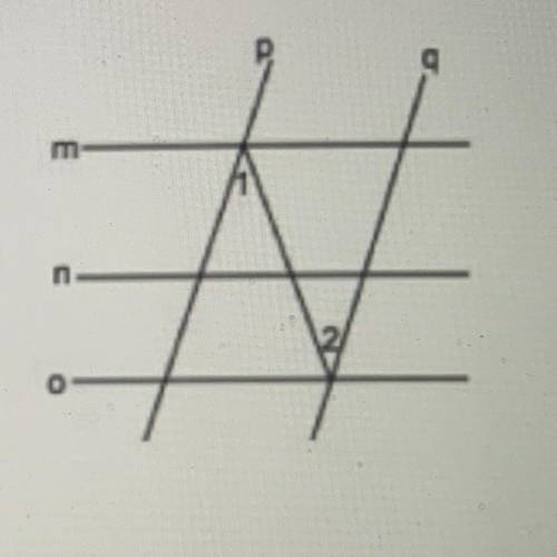 If angle 1 ≅ angle 2, which lines must be parallel? A. M ∥ N B. P ∥ Q C. M ∥ O D. N ∥ O