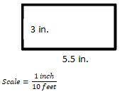 A blueprint for a building includes a rectangular room that measures 3 inches wide and 5.5 inches l