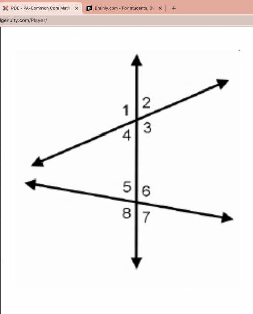 In the diagram, the measure of angle 6 is 98°. A transversal intersects 2 lines to form 8 angles. C