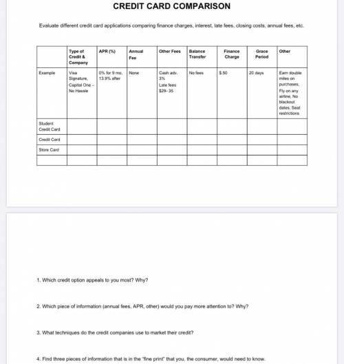 Help me with this worksheet it’s Credit card comparison