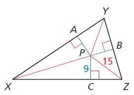 The angle bisectors of △XYZ intersect at point P and are shown in red. Find PB.