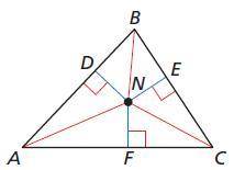 N is the incenter of △ABC. Use the given information to find NF. ND=6x−2 NE=3x+7 NF=