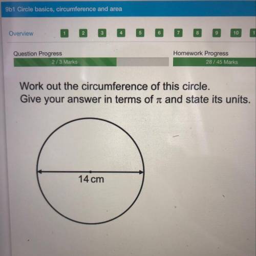 Work out the circumference of this circle. Give your answer in terms of pi and state it’s units