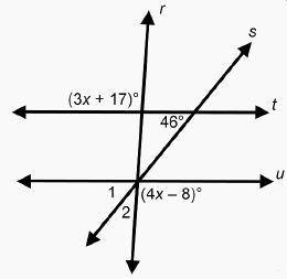 Parallel lines t and u are cut by two transversals, r and s, which intersect line u at the same po