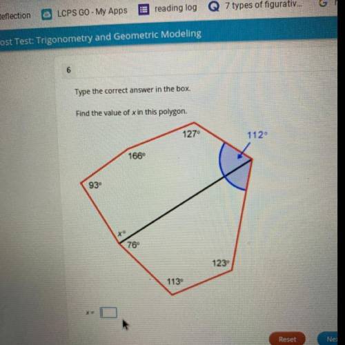 Type the correct answer in the box,
Find the value of X in this polygon