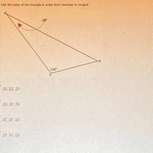 List the sided of the triangle in order from shortest to longest

please answer asap!! 
options in