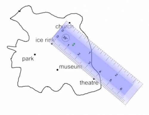 Here is a map of a town.

It has a scale of 2 cm to 7 km.A centimetre ruler is shown on the map.Wh