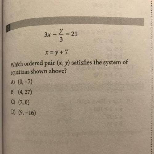 Which ordered pair (x,y) satisfies the system of equations shown above?