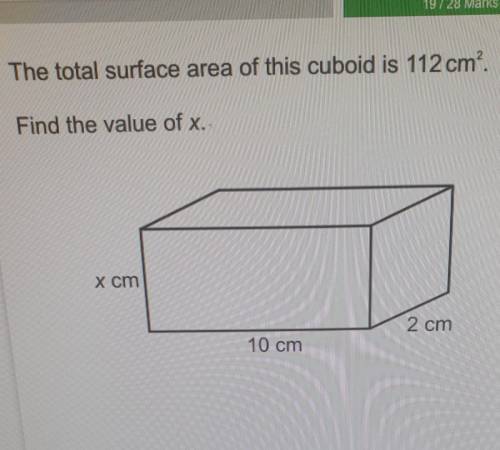 The total surface area of this cuboid is 112 cm,Find the value of x.X cm2 cm10 cm