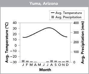 This climate diagram shows the average temperature (line graph) and precipitation (bar graph) durin
