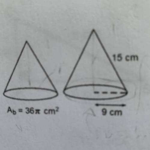 Here are two similar cones. The area of the base of the small cone is equal to 36 t cm2. The radi