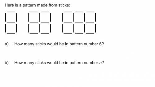 Here is a pattern made from sticks:

a) How many sticks would be in pattern number 6?
 32
b
