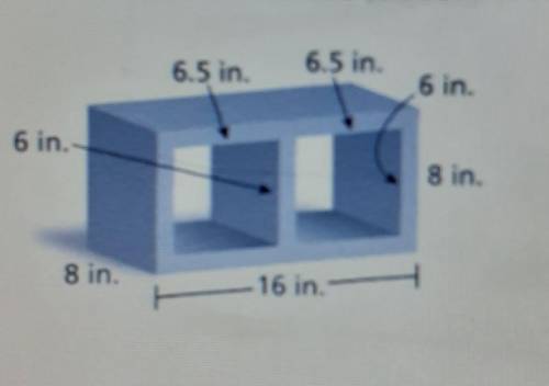 A concrete construction block has the measurements shown. How much concrete is used to make the blo