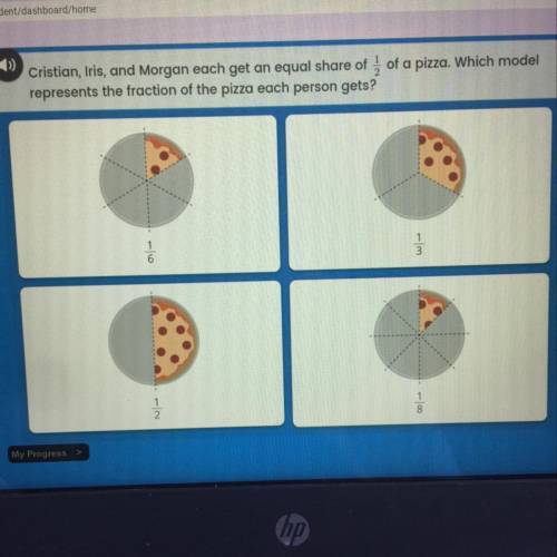 Cristian, iris, and Morgan each get an equal share of 1/2 of a pizza. Which model represents the fr