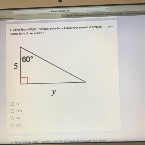Using special right triangles, solve for y.
