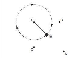 The diagram below represents a mass, m, being swung clockwise at constant speed in a horizontal cir