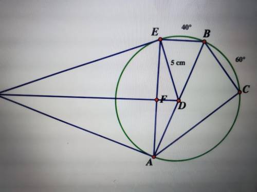 In the following diagram the radius of point D is 5cm and F is the midpoint if Line AE. Segments GE