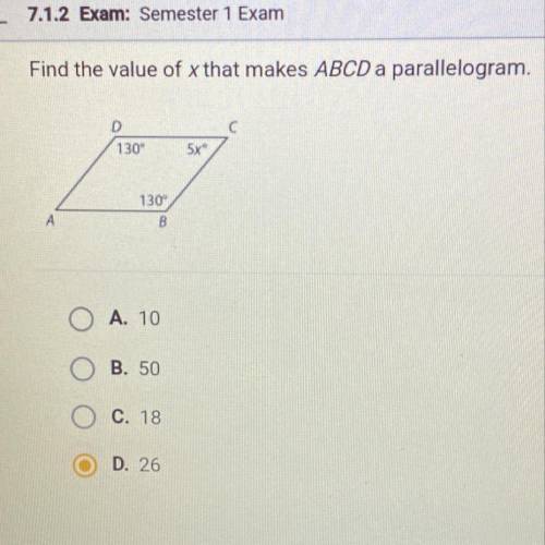 Find the value of x that makes ABCD a parallelogram.
Can someone please help me